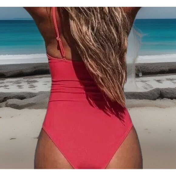 Cupshe Women’s One Piece Swimsuit Medium Pink V-Neck Ruched High Cut Adjustable - Picture 2 of 9